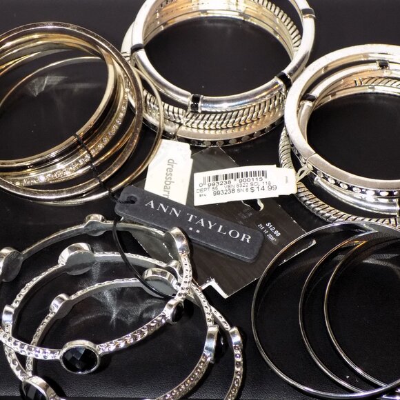 Lot 17 Black Silver Bangle & Stretch Bracelets Bundle. Ann Taylor, Dressbarn - Picture 2 of 4